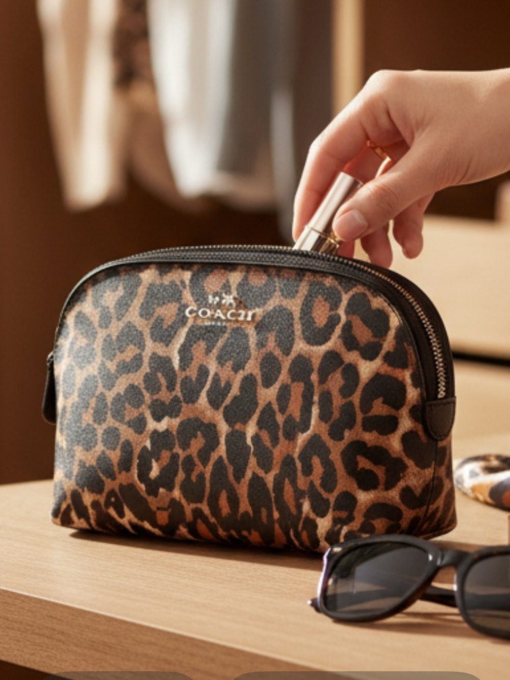 Coach Leopard Print Cosmetic Pouch - Brown Black - Picture 2 of 3